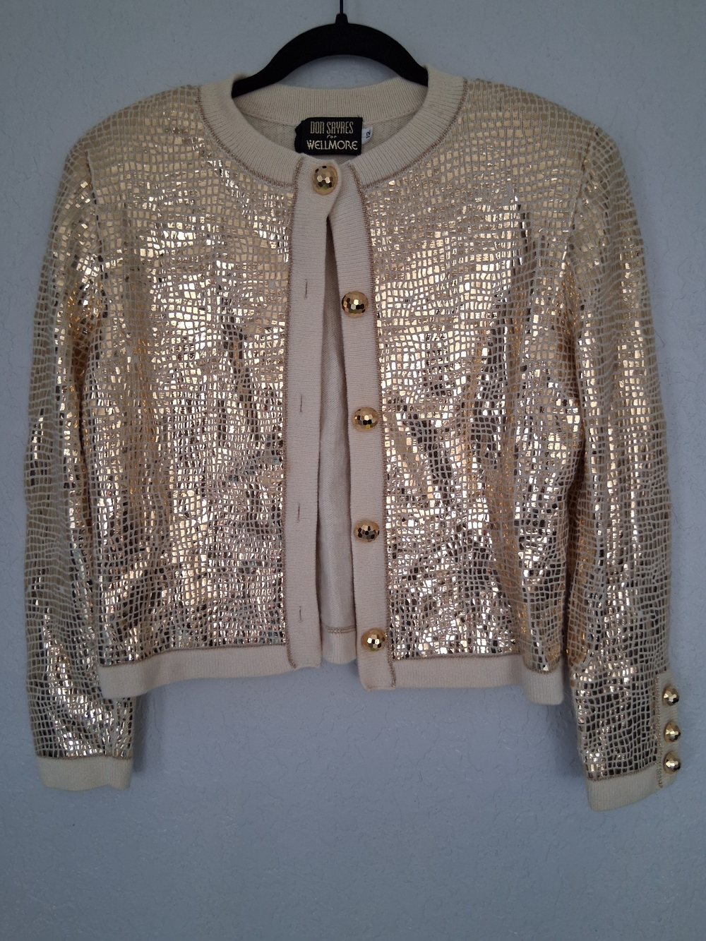 Vintage 80s Don Sayres for Wellmore Gold Metallic Grid Wool Cardigan Sweater